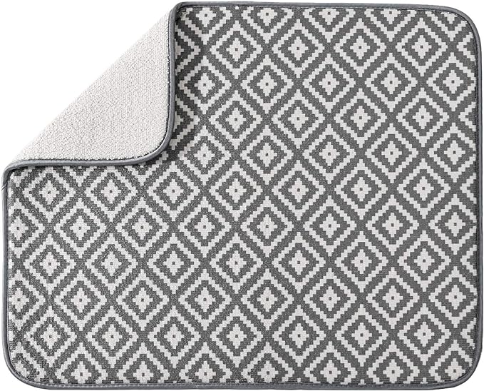 SUBEKYU Microfiber Dish Drying Mat for Kitchen Counter, Absorbent Dishes Drainer/Rack Pad for Countertop, 19.2 by 15.8 Inches (Rhombus), Grey, 1 Pack by SUBEKYU