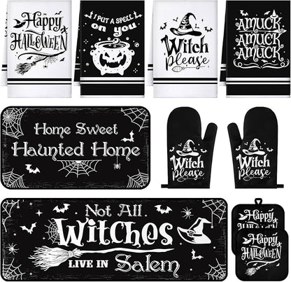 Fanfanwin 10 Pcs Halloween Kitchen Decor Set Witch Kitchen Towels and Rugs Pot Holders Oven Mitts Set for Home Cooking Dish Baking Decorative