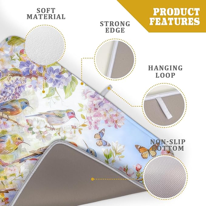 Floral Birds Dish Drying Mat Spring Decoration Absorbent Dish Drain Cloth Mat 18 X 24 for Kitchen Coffee Bar - Image 4