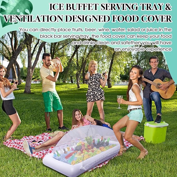 Leitee 3 Pcs Inflatable Serving Bar Kit Includes Salad Buffet Tray with Drain Plug Mesh Food Cover Food Drink Containers and Inflator for Ice Supplies Halloween Party Camping Picnic(White)
