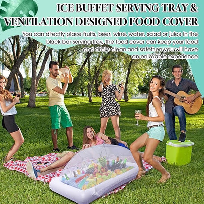 Leitee 3 Pcs Inflatable Serving Bar Kit Includes Salad Buffet Tray with Drain Plug Mesh Food Cover Food Drink Containers and Inflator for Ice Supplies Halloween Party Camping Picnic(White)