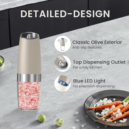 Battery Operated Salt And Pepper Grinder Set with LED Light, Automatic Electric Gravity Salt And Pepper Shakers Set, Each 6 AAA Batteries Needed, Adjustable Roughness, 2 Pack (Khaki) - Image 5