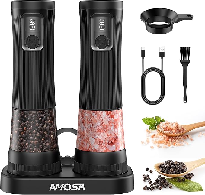 Electric Salt and Pepper Grinder Set, Upgrade 2-Speed Setting, External 5 Adjustable Coarseness, Rechargeable Automatic Salt & Pepper Shakers Mill with Battery Display, Storage Base & Led Light, Black by AMOSA