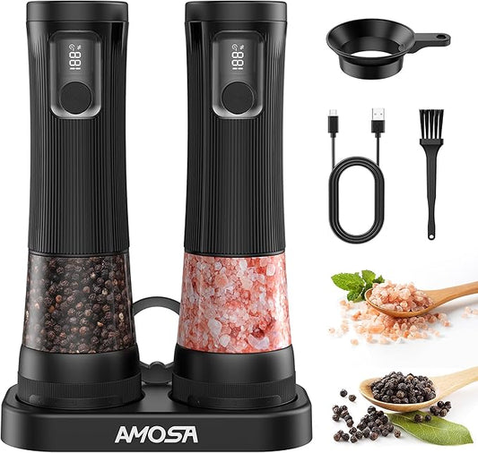 Electric Salt and Pepper Grinder Set, Upgrade 2-Speed Setting, External 5 Adjustable Coarseness, Rechargeable Automatic Salt & Pepper Shakers Mill with Battery Display, Storage Base & Led Light, Black by AMOSA