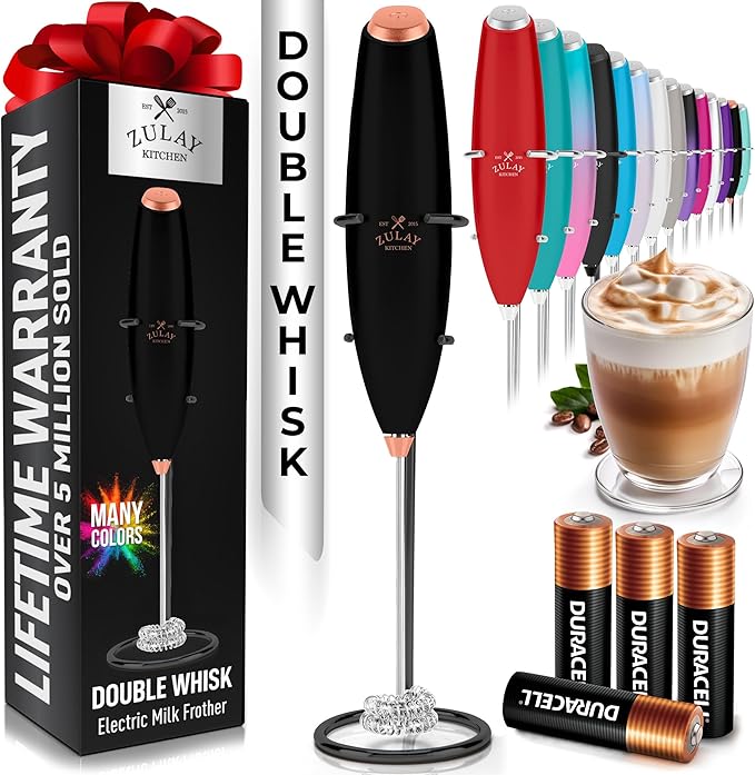 Zulay Kitchen Whisk Milk Frother with 4 Duracell Batteries - Powerful Handheld Foam Maker for Coffee, Lattes, Matcha, Hot Chocolate & Cappuccinos - Whip Creamy Froth in Seconds by ZulayKitchen
