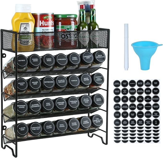 Skiileor Spice Rack Organizer with 28 Spice Jars, Black Lids，Spice Labels, Chalk pen and Funnel Set for Cabinet, Countertop, Pantry, Cupboard or Wall Mount by Skiileor
