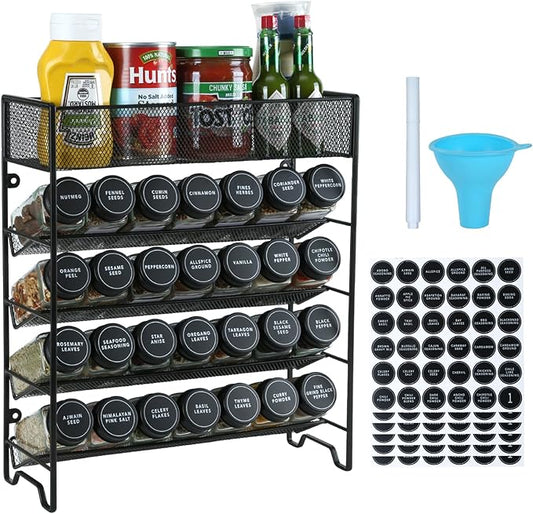 Skiileor Spice Rack Organizer with 28 Spice Jars, Black Lids，Spice Labels, Chalk pen and Funnel Set for Cabinet, Countertop, Pantry, Cupboard or Wall Mount by Skiileor
