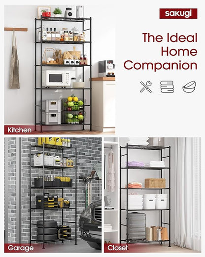 Sakugi Storage Shelves - 5 Tier Shelf Organizer, Heavy Duty Garage Shelving Unit with Leveling Feet, Stable Metal Shelves Organizer for Pantry, Kitchen and Closet, 33.0" W x 12.6" D x 72.0" H, Black - Image 4