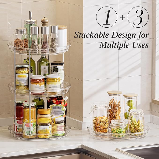 LAMU 4 Pack 10.6'' 2-Tier Lazy Susan Turntable Organizer Rotating Spice Rack Organization for Cabinet, Kitchen, Pantry, Countertop, Bathroom, Vanity, Makeup Organizer, Clear - Image 3
