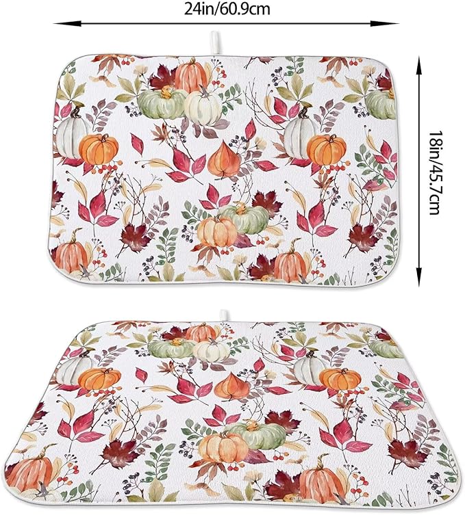 Fall Autumn Dish Drying Mat 18 x 24 inch Thanksgiving Pumpkin Maple Leaf Flower Decorative Drying Mats Microfiber Absorbent Dish Washable Draining Mat for Kitchen Counter Decor