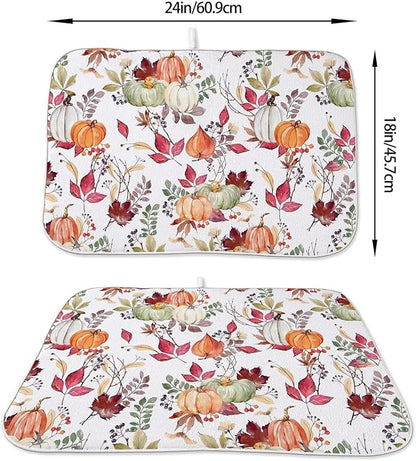 Fall Autumn Dish Drying Mat 18 x 24 inch Thanksgiving Pumpkin Maple Leaf Flower Decorative Drying Mats Microfiber Absorbent Dish Washable Draining Mat for Kitchen Counter Decor