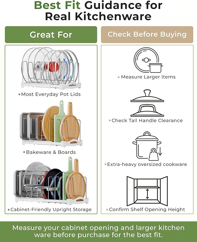 EVERIE Adjustable Bakeware Organizer Pot Lid Holder Rack for Pots, Cake Molds, Cutting Boards, Mats, Cookware, GS02SS, 7.7'' Deep by 12.6'' to 21.5'' Wide - Image 9