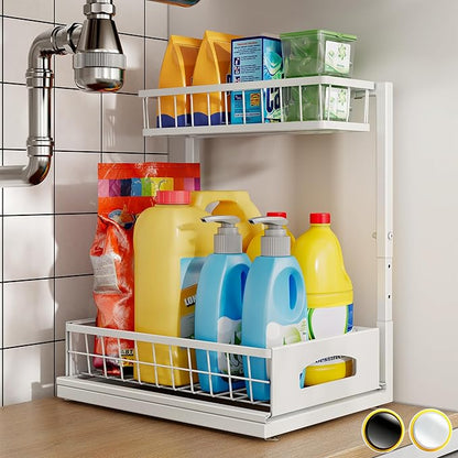 Under Sink Organizer, Cabinet Organizer for Kitchen, Height Adjustable Pull Out Heavy Duty 2 Tier Metal Under Sink Storage for Bathroom Pantry (White, 1 Pack) - Image 9