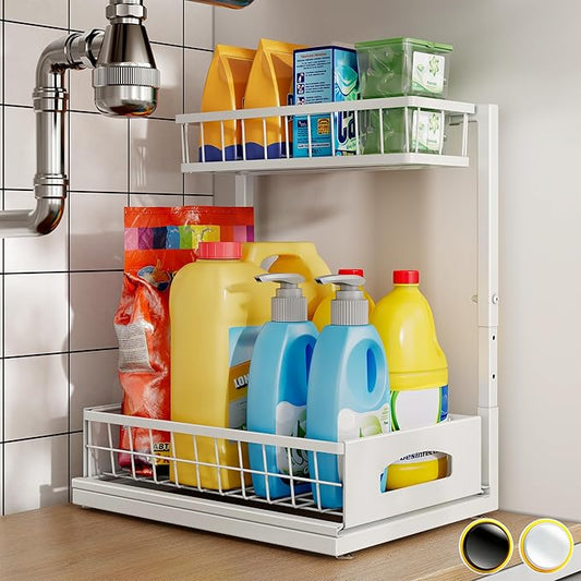 Under Sink Organizer, Cabinet Organizer for Kitchen, Height Adjustable Pull Out Heavy Duty 2 Tier Metal Under Sink Storage for Bathroom Pantry (White, 1 Pack) by Fabutier