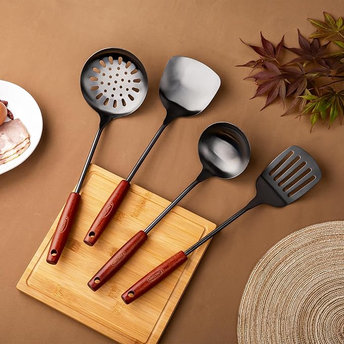 FJNATINH 17inch Wok Spatula and Ladle, Skimmer Spoon, Slotted Turner Spatula Set 304 Stainless Steel Kitchen Utensils Sets, 4-Pieces Cooking Utensils Tools Wok Accessories - Image 2