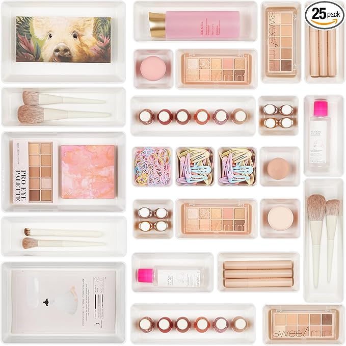 Vtopmart 25 PCS Plastic Drawer Organizers Set, 4-Size Versatile Bathroom and Vanity Drawer Organizer Trays, Storage Bins for Makeup, Bedroom, Kitchen Gadgets Utensils and Office by Vtopmart