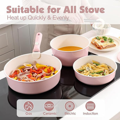 SENSARTE 17 Piece Ceramic Pots and Pans Set, Nonstick Detachable Handle Cookware, Induction Kitchen Cookware Set with Removable Handle, Dishwasher ＆ Oven Safe (Pink) - Image 6
