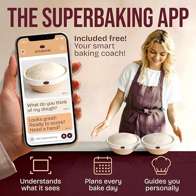 Superbaking 2 pcs Banneton Bread Proofing Basket, 9" Splinter-Free Round Rattan Bread Basket with Liners, Sourdough Starter Kit, Sourdough Bread Baking Supplies & Sourdough Kit, Bread Making Tools - Image 5