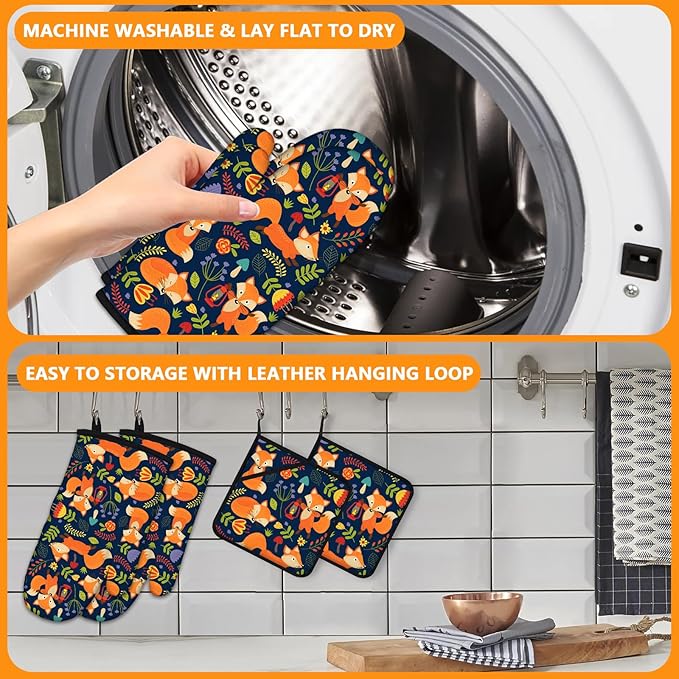 Cute Fox Oven Mitts and Pot Holders Sets 4Pcs,Extra Long Oven Gloves Potholder for Kitchen Cooking Baking BBQ 100% Cotton Heat Resistant - Image 5