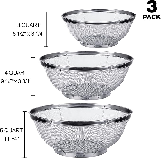 3 Pack Strainers for Kitchen, 18/8 Stainless Steel Colander, Fine Mesh Strainer for Pasta, Rice and Fruit, Sieve for Strain, Drain, Rinse or Steam (5-Quart, 4-Quart and 3-Quart) - Image 3
