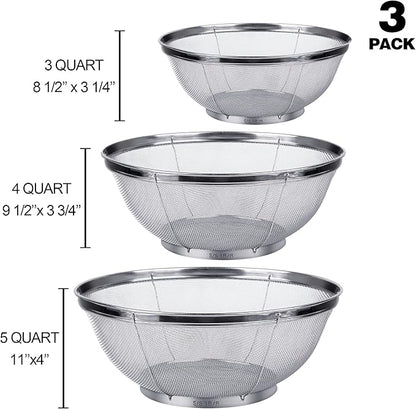 3 Pack Strainers for Kitchen, 18/8 Stainless Steel Colander, Fine Mesh Strainer for Pasta, Rice and Fruit, Sieve for Strain, Drain, Rinse or Steam (5-Quart, 4-Quart and 3-Quart) - Image 3