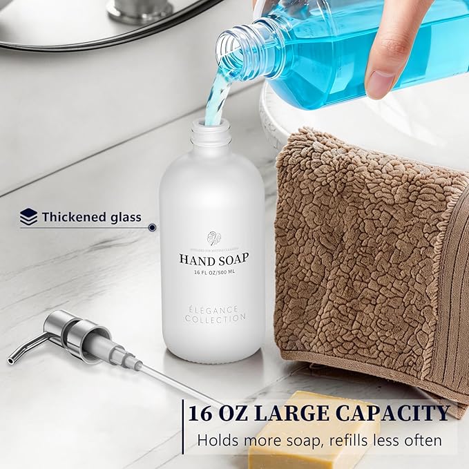 White Glass Soap Dispenser Set of 2, 16oz Hand and Dish Soap Dispenser for Kitchen & Bathroom, Silver Stainless Steel Pump, Non-Slip Base, 14 Waterproof Labels, Minimalist Decor - Image 5