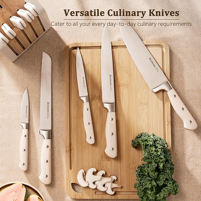 Astercook Knife Set, Kitchen Knife Set with Block and Sharpener, 12 Pcs Ultra-Sharp High Carbon Stainless Steel Knife Block Set with Non-Slip Full Tang Ergonomic Handle, Cream White Mothers Day Gifts