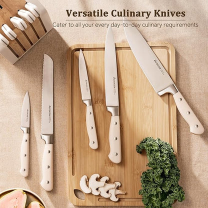 Astercook Knife Set, Kitchen Knife Set with Block and Sharpener, 12 Pcs Ultra-Sharp High Carbon Stainless Steel Knife Block Set with Non-Slip Full Tang Ergonomic Handle, Cream White Mothers Day Gifts