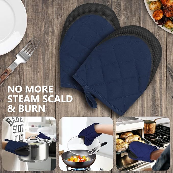 1 Pair Short Oven Mitts - Silicone Kitchen Oven Gloves High Heat Resistant 500℉, Mini Oven Mits with Non-Slip Grip Surfaces and Hanging Loop for BBQ, Baking, Cooking and Grilling (Dark Blue) - Image 7