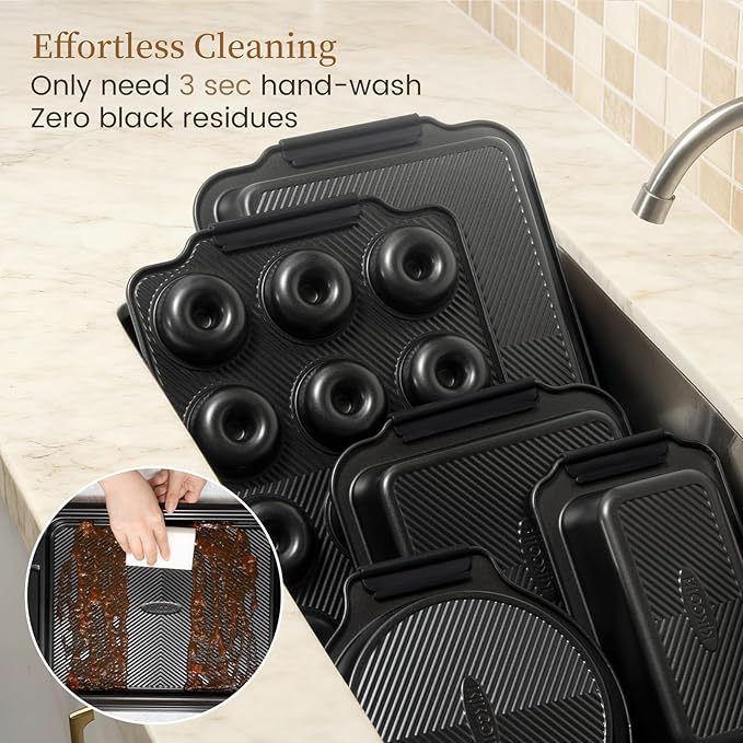 Kikcoin 25 PCS Stackable Baking Pans Set, Non-stick Bakeware Sets with Silicone Handles, 450°F Oven Safe Cookie Sheets for Baking, Easy Release Heavy-duty Baking Sheets Non Stick, Black - Image 6