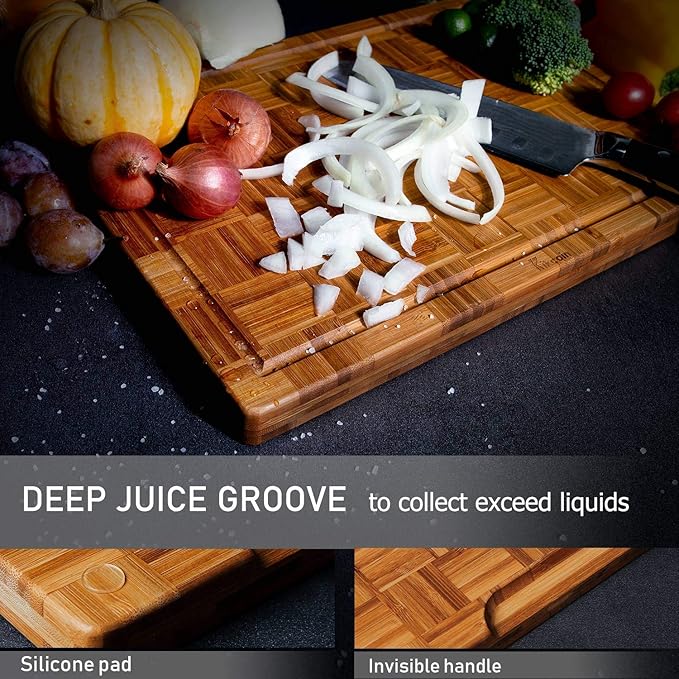 Kikcoin Extra Large Bamboo Cutting Boards, (Set of 3) Chopping Boards with Juice Groove Bamboo Wood Cutting Board Set Butcher Block for Kitchen, End Grain Serving Tray - Image 3