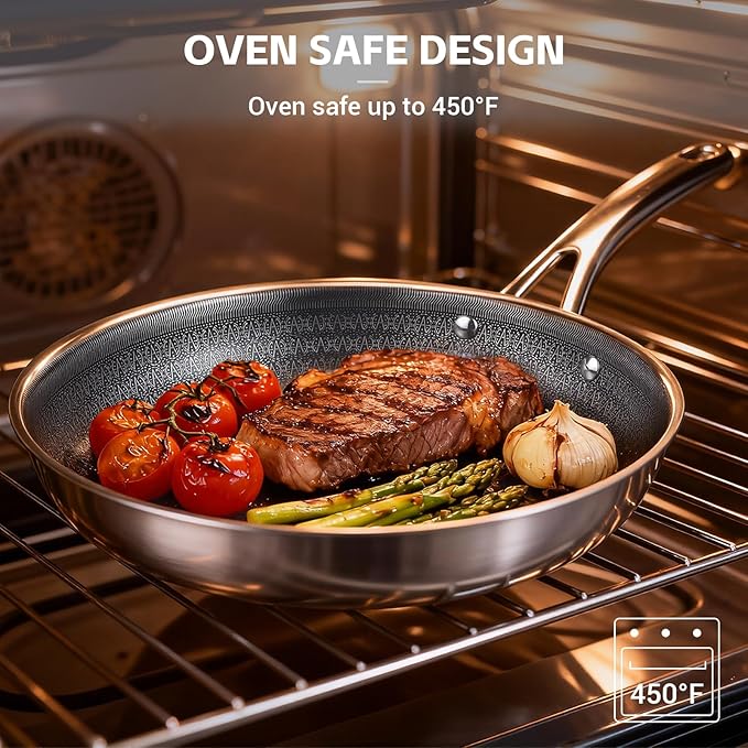 Ammeloo Hybrid Tri-Ply Stainless Steel Frying Pan Set, 8"/9.5"/11" Cooking Pans, Non Stick Frying Pans and Skillets, Chef Pan, Non Toxic, Dishwasher Safe, Induction Compatible, Black Interior
