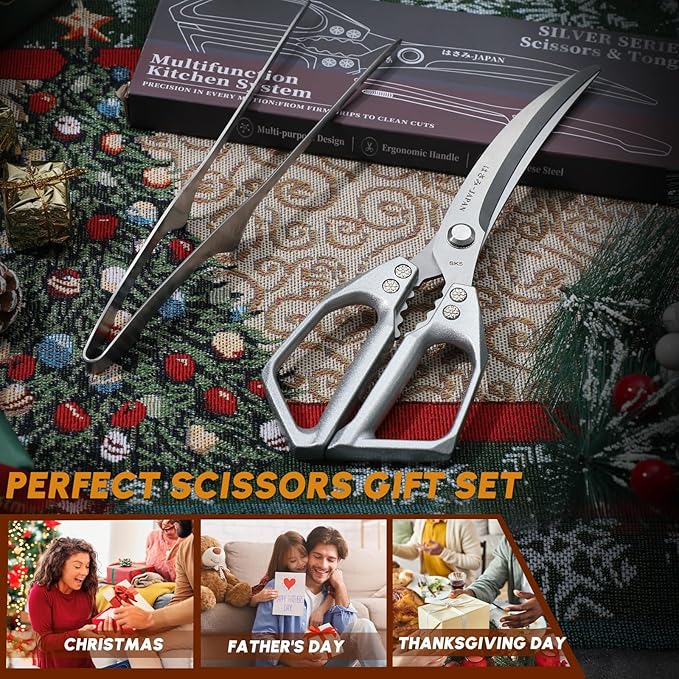 HUUSK Kitchen Scissors and Cooking Tong Set - Silver Kitchen Shears for Food with Stainless Steel BBQ Tongs, Japanese Style Dishwasher Safe Meat Scissors for All Purpose, Gifts for Men Women - Image 5