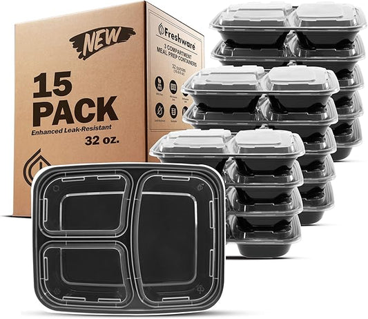 Freshware Bento Box Meal Prep Containers, 3-Compartment, 32 ounce, 15-Pack