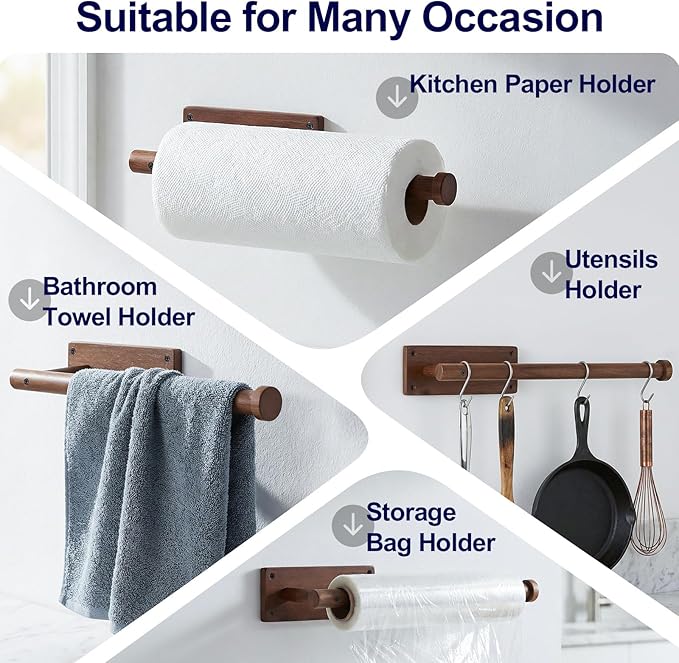 Wooden Paper Towel Holder for Kitchen,Adhesive Acacia Wood Paper Towel Holders Under Cabinet, Wall Mount Kitchen Paper Storage Essentials,Suitable for Kitchen,Bathroom Paper Storage