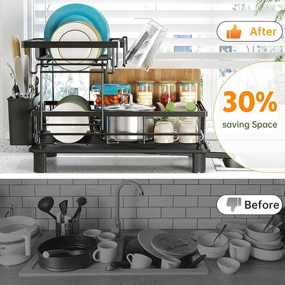 Dish Drying Rack, 2 Tier Dish Racks for Kitchen Counter, Compact Drying Rack Kitchen, Rust-Resistant Dish Drainer, Detachable Space-Saving Dish Rack with Drainboard, Utensil Holder, Black - Image 6