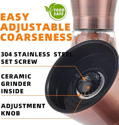 DAVIMADE Short Copper Salt and Pepper Grinder Set of 2，Refillable Adjustable Coarseness Stainless Steel Glass Bottle, Pepper Mills W/Funnel for Kitchen