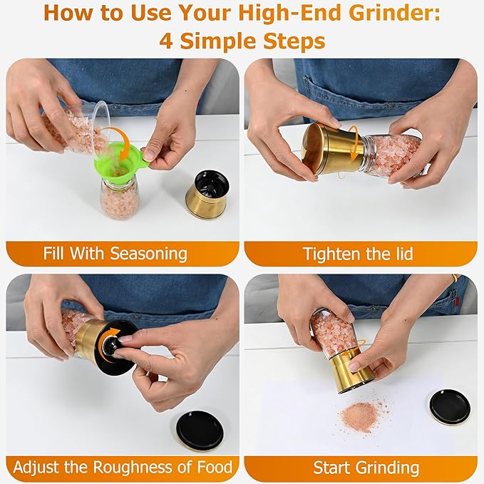 R DRURLCD Short Manual Gold Salt and Pepper Grinder Set of 2 with Funnel, Adjustable Coarseness Shiny Gold Cap Sea Salt Pepper Mill Refillable with Magnetic Lid, Kitchen Decoration Gift