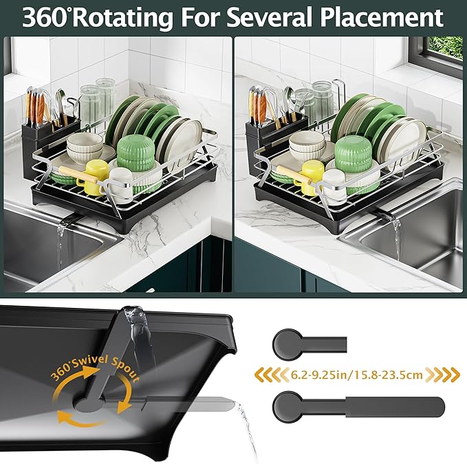 Epicano Dish Drying Rack for Kitchen Counter,Space-Saving Dish Rack,Rustproof Dish Drainer with Utensil Holder and Knife Slots for Sink,Kitchen Drying Rack with Wooden Handle and Cup Holder, Silver - Image 6