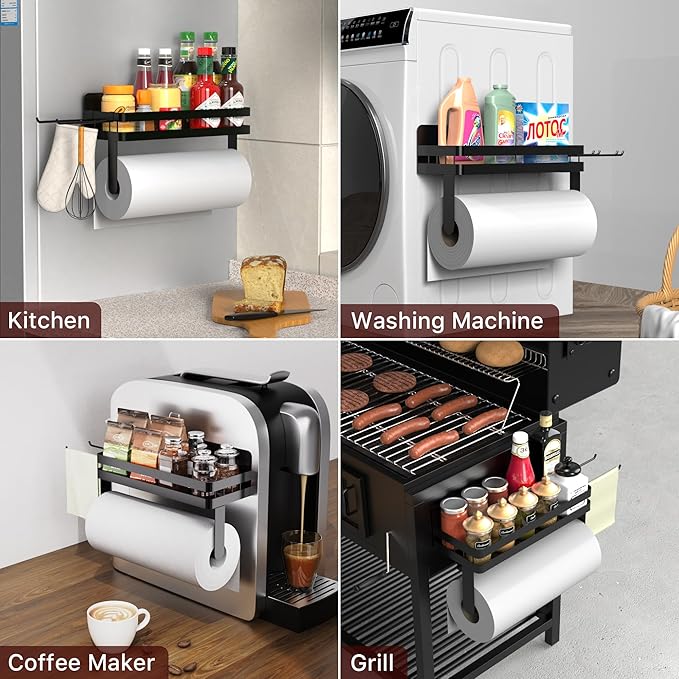 ZUNTO 2pcs Magnetic Paper Towel Holder for Fridge, Black Kitchen Organizer with Towel Roll Holder, Spice Shelf and 2 Hanging Racks(No Drilling) - Image 4