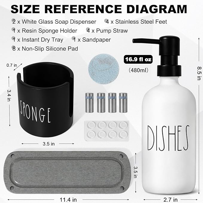 Kitchen Soap Dispenser Set,16.9 fl oz Hand and Dish Soap Dispensers with Tray, Kitchen Soap Dispenser Set with Sponge Holder, Instant Dry Tray,Kitchen Decor(White&Black)