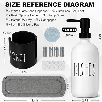 Kitchen Soap Dispenser Set,16.9 fl oz Hand and Dish Soap Dispensers with Tray, Kitchen Soap Dispenser Set with Sponge Holder, Instant Dry Tray,Kitchen Decor(White&Black)