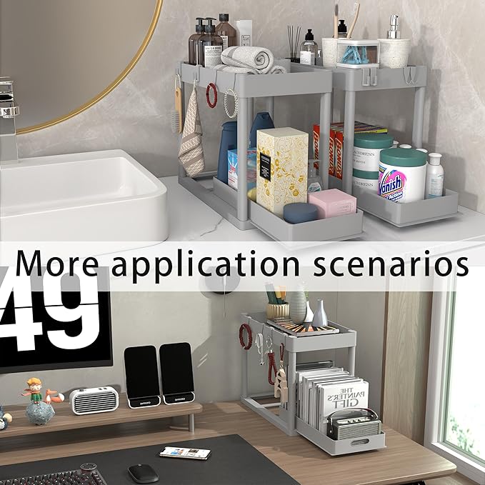 2PC Under Sink Organizer Rack 2 Tier Under Sliding Cabinet Basket Organizer Drawer with 4 Hooks, Multi-purpose Under Sink Storage for Bathroom Kitchen Desktop（Grey） - Image 6