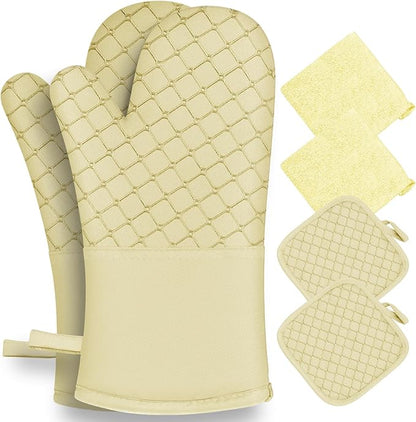 6 Pcs Oven Mitts and Pot Holders, 500℉ Heat Resistant Oven Mitts with Kitchen Towels Soft Cotton Lining and Non-Slip Silicone Surface Safe for Baking, Cooking, BBQ (Milkshake/Beige) by Unknown