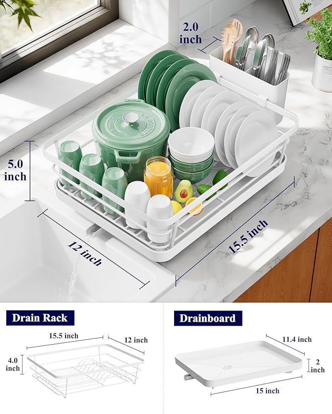 Kitsure Dish Drying Rack for Kitchen Counter, Stainless Steel Sink Organization and Storage Essentials with Cutlery Holder, Home and Appartment Decor, 12''W x 15.5''L, White - Image 2