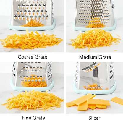 Tovolo Box Grater 4 Sided Large Stainless Steel Cheese Grater for Shredding Vegetables and Zesting, Easy to Clean Dishwasher Safe Box Grater with Ergonomic Handle and Non Slip Base, Blue Haze