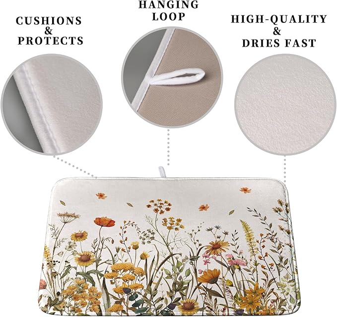 Fall Floral Dish Drying Mat for Kitchen Counter Autumn Burnt Orange Wild Flowers Dish Draining Mat Absorbent Microfiber Dishes Pad Washable Dish Drainer Rack Mat Medium 16"x18" - Image 3