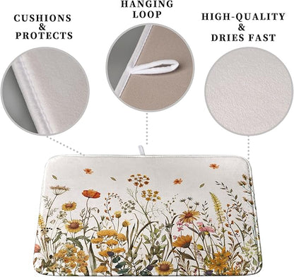 Fall Floral Dish Drying Mat for Kitchen Counter Autumn Burnt Orange Wild Flowers Dish Draining Mat Absorbent Microfiber Dishes Pad Washable Dish Drainer Rack Mat Medium 16"x18" - Image 3