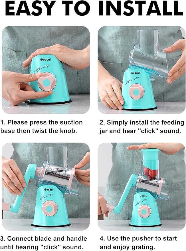 Geedel Rotary Cheese Grater, Kitchen Mandoline Vegetable Slicer with 3 Interchangeable Blades, Easy to Clean Rotary Grater Slicer for Fruit, Vegetables, Nuts - Image 7