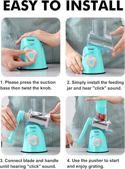 Geedel Rotary Cheese Grater, Kitchen Mandoline Vegetable Slicer with 3 Interchangeable Blades, Easy to Clean Rotary Grater Slicer for Fruit, Vegetables, Nuts - Image 7